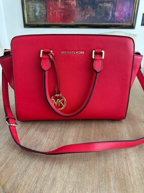 Michael Kors Red Saffiano Leather Satchel with Gold Hardware